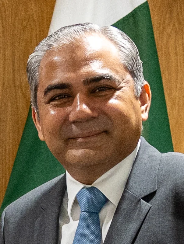 Interior Minister Mohsin Naqvi in a grey suit and blue tie, smiling, with the Pakistan flag behind him
