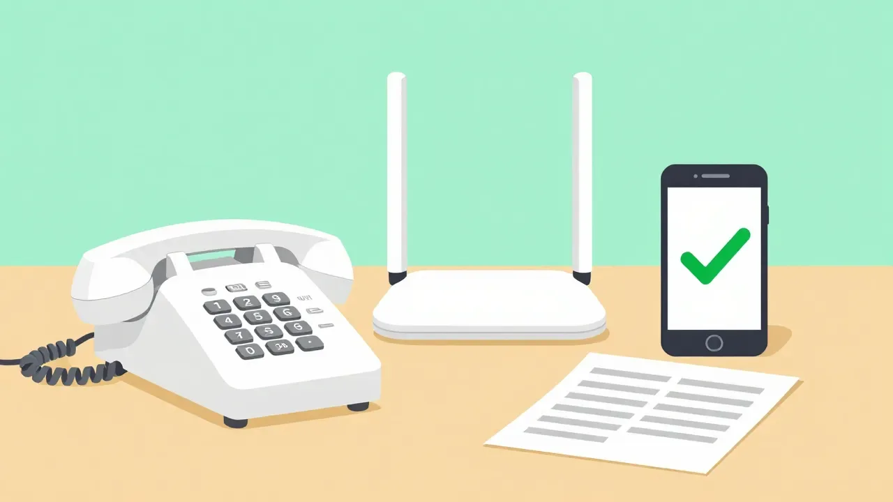 Illustration: white landline phone, Wi-Fi router, a phone showing a green tick and a paper bill on a desk