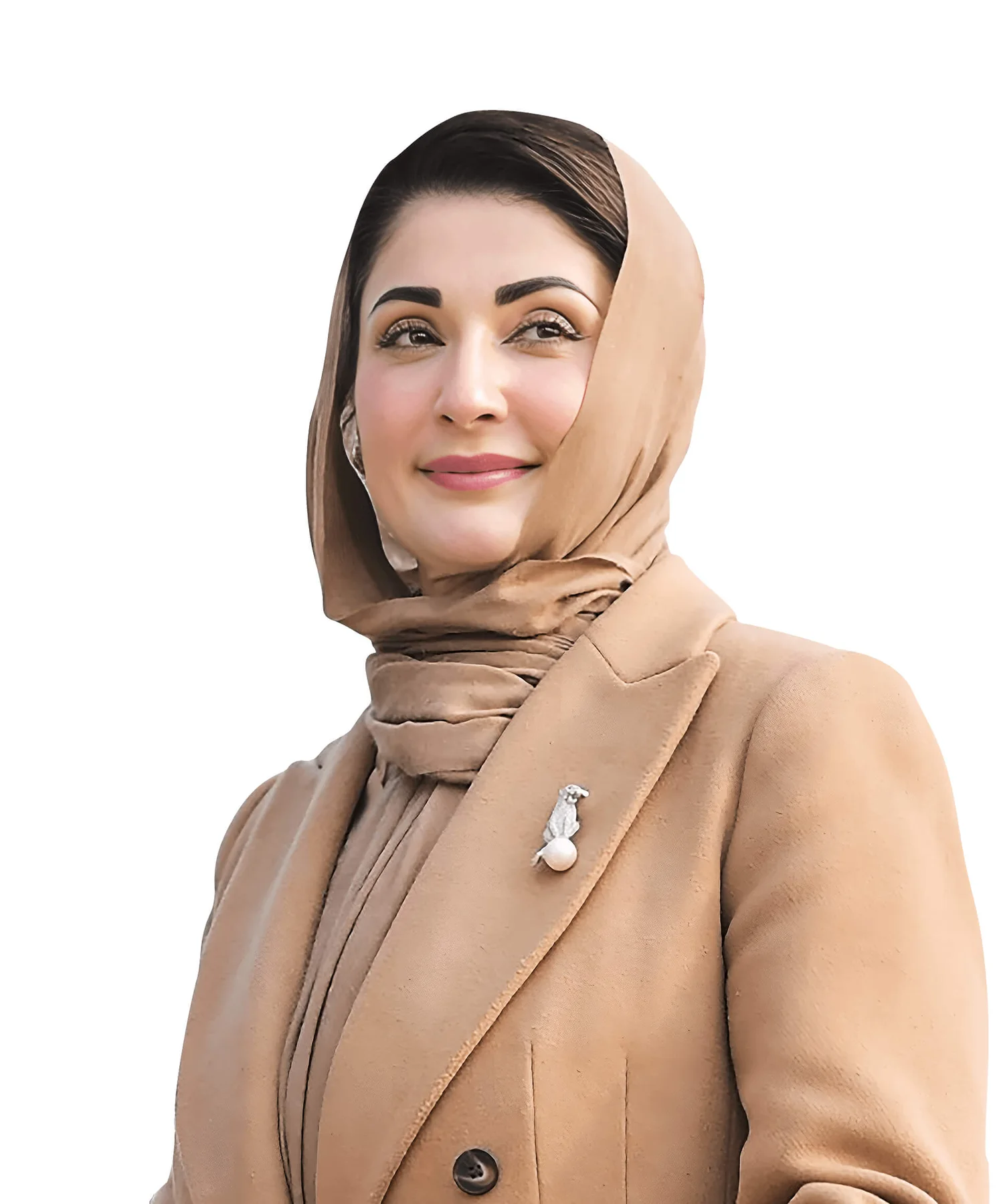 Punjab Chief Minister Maryam Nawaz in a beige coat and headscarf, smiling