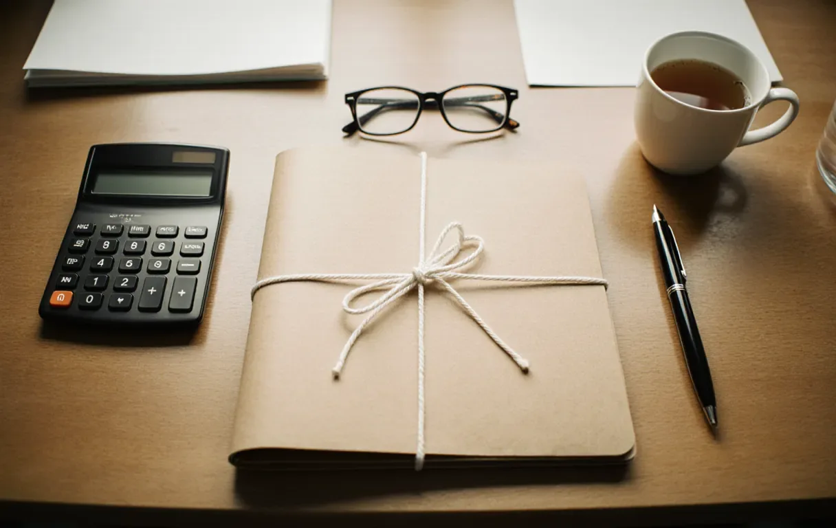 Illustration: tied brown file folder, calculator, reading glasses, pen and a cup of tea on a wooden office desk