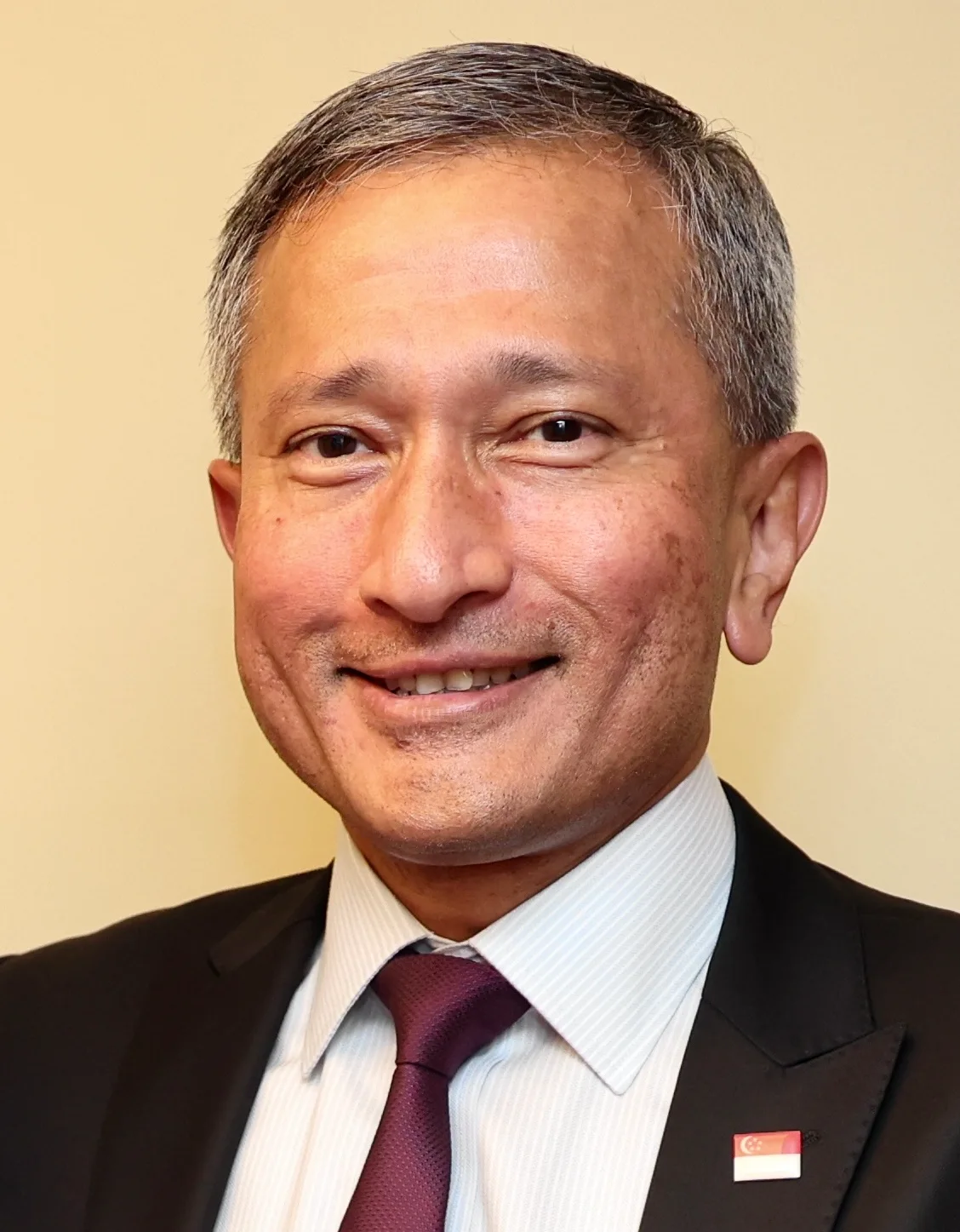 Singapore Foreign Minister Vivian Balakrishnan smiling in a dark suit with a Singapore flag pin