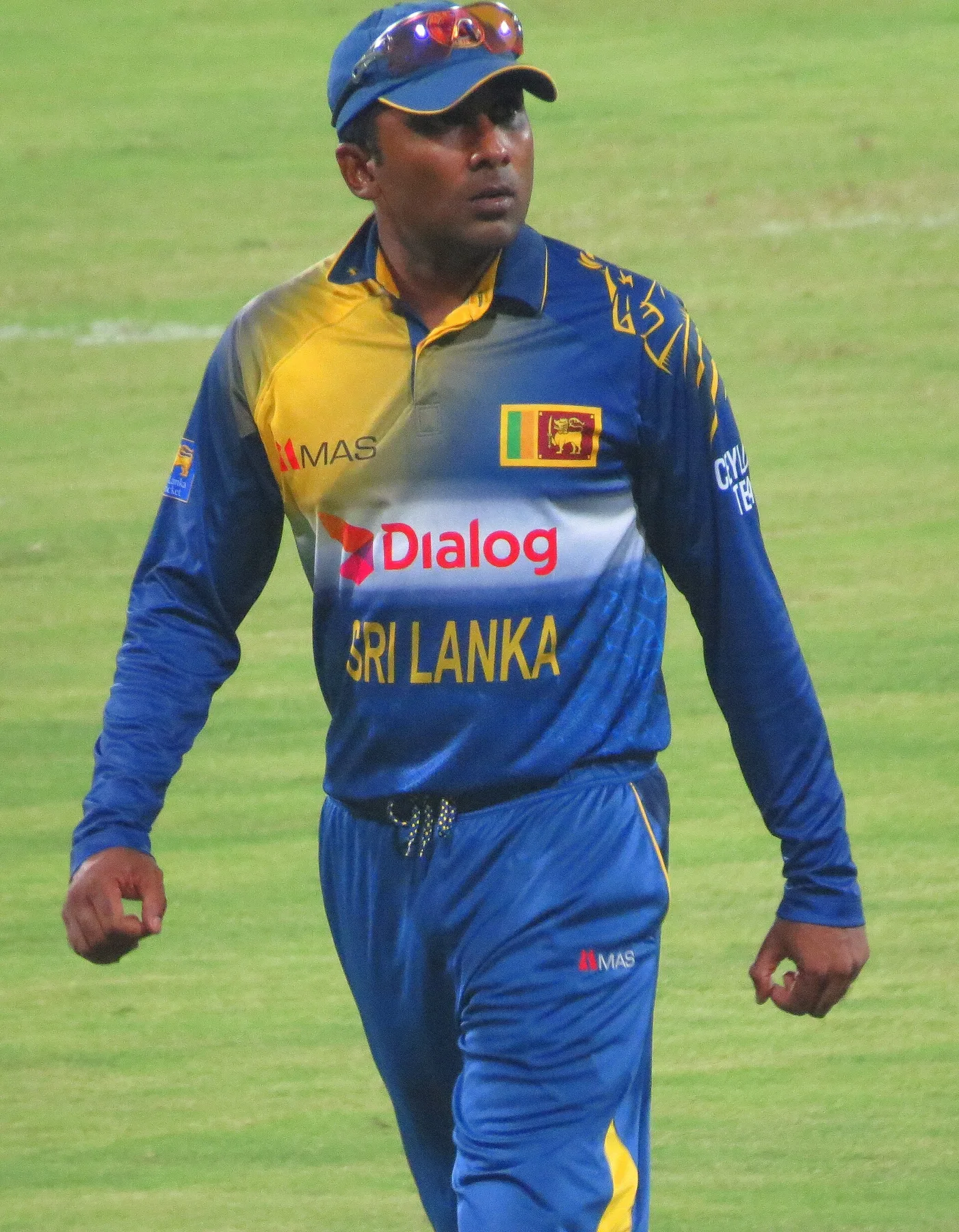 Mahela Jayawardene in a blue and yellow Sri Lanka kit and cap walking on a cricket field