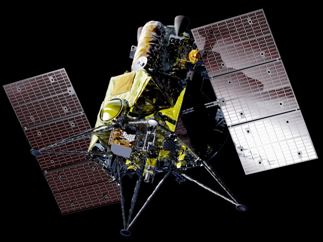Computer image of Japan's MMX spacecraft with its solar panels open and landing legs below