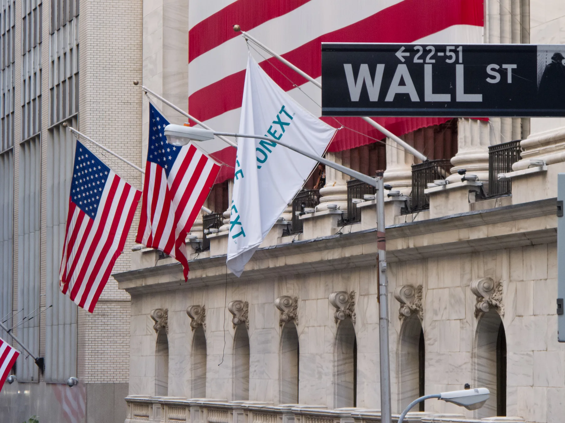 Wall St street sign beside the New York Stock Exchange facade hung with American flags