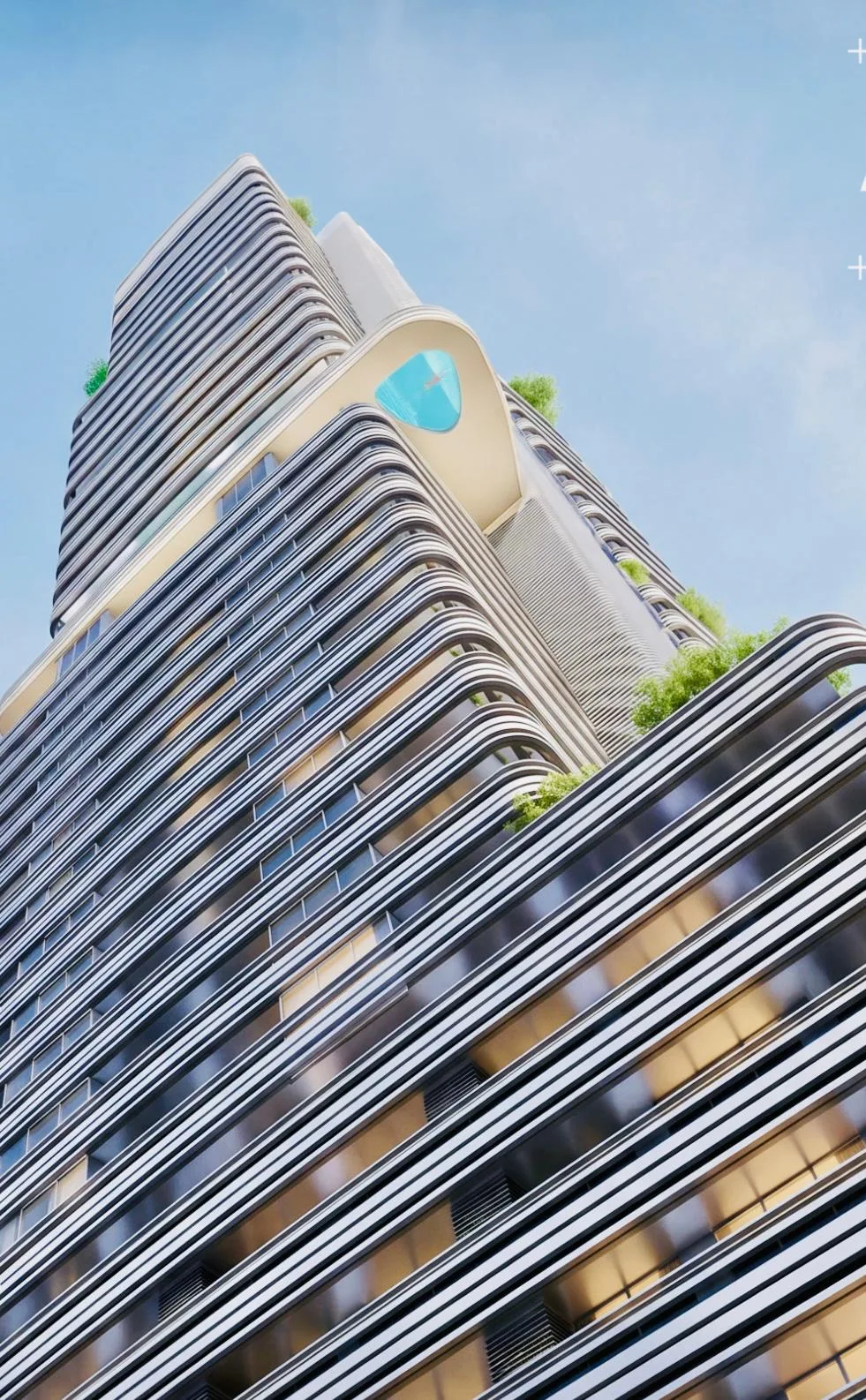Architect rendering of a curved high-rise tower with layered white bands and planted terraces under a blue sky