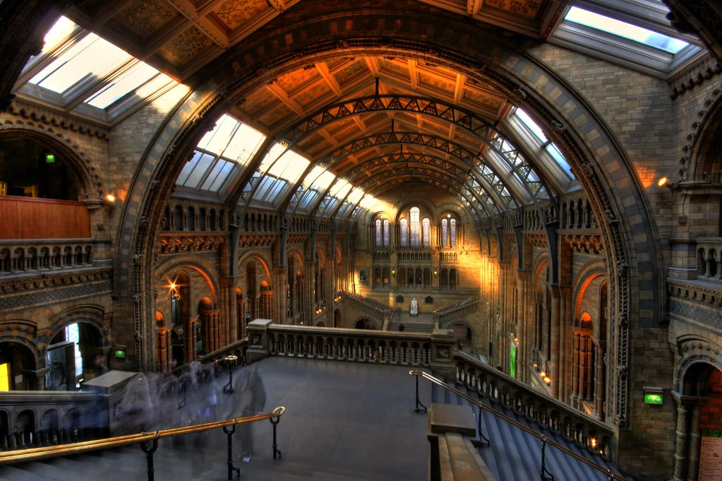 Arched central hall of the Natural History Museum in London with skylights, staircases and visitors