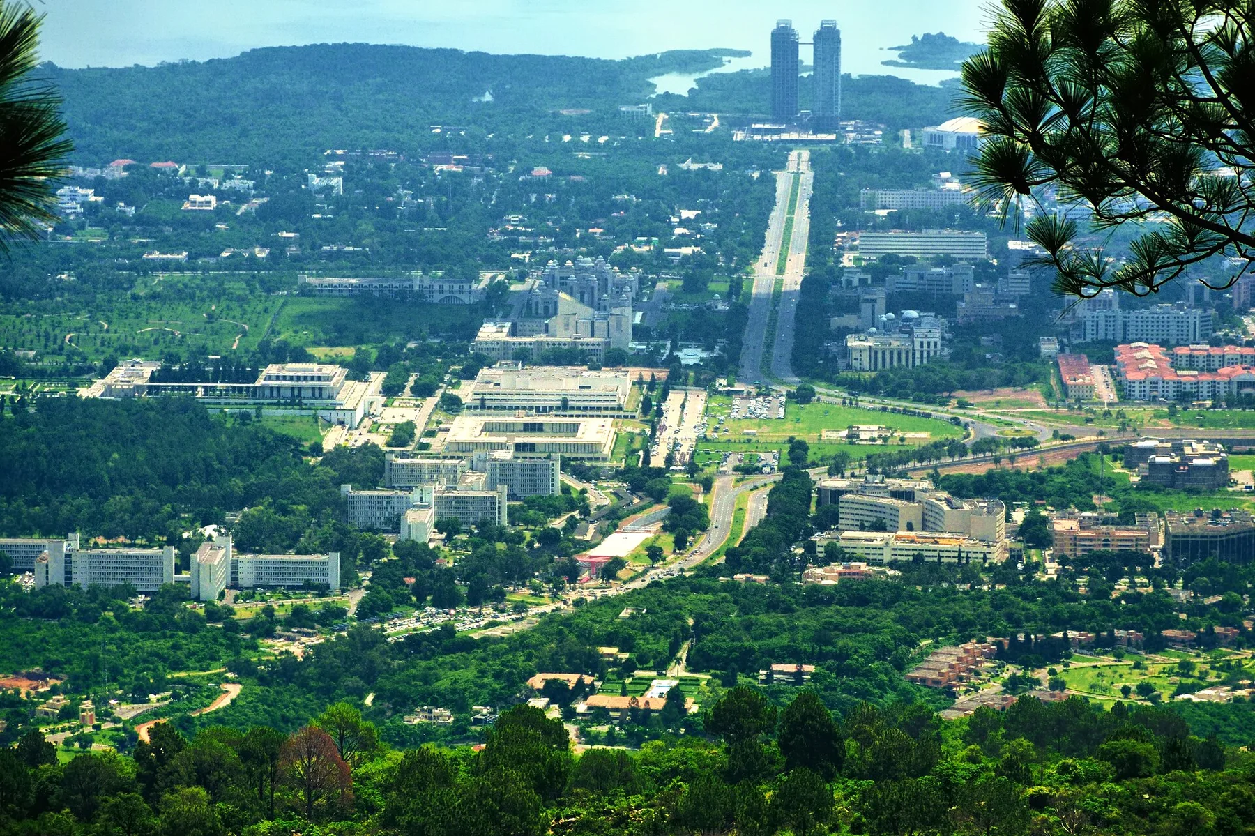 Aerial view of Islamabad government district and Constitution Avenue from the Margalla Hills