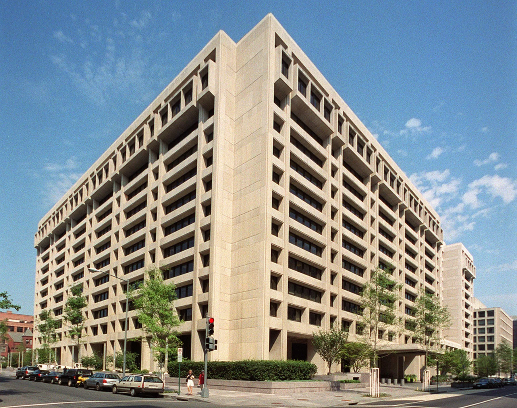 International Monetary Fund headquarters, a pale concrete office block on a Washington street corner