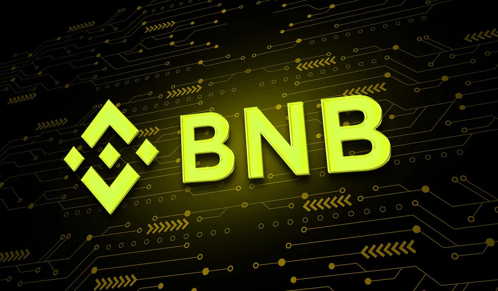 Yellow Binance diamond logo and BNB lettering glowing on a dark circuit-board background