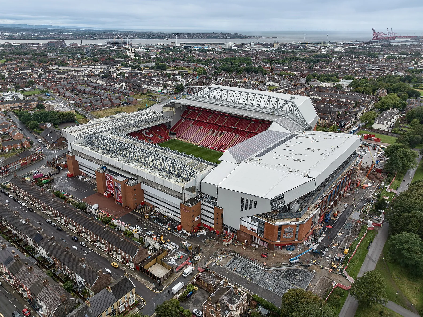 Aerial view of Anfield stadium surrounded by terraced houses in Liverpool