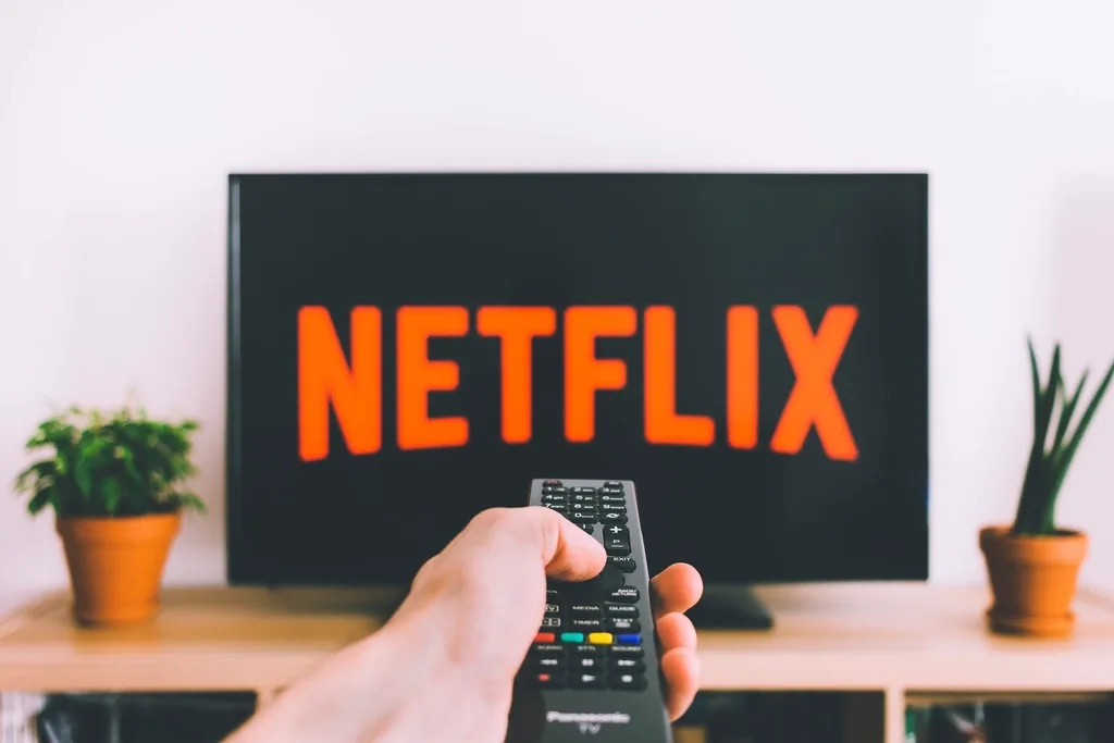 A hand points a remote at a TV showing the red Netflix logo between two potted plants