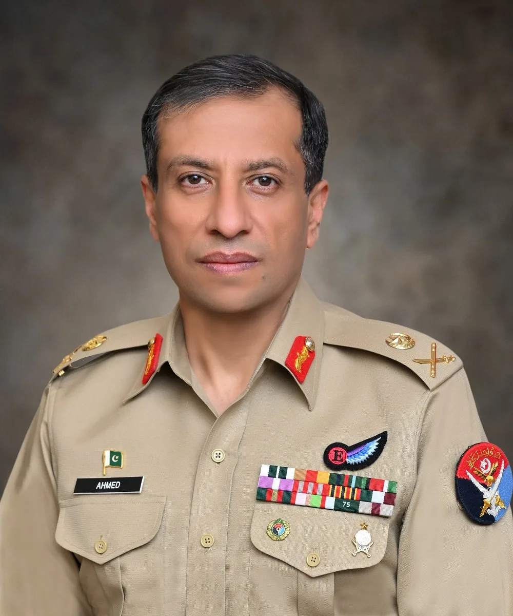 Official portrait of Lt Gen Ahmed Sharif Chaudhry in Pakistan Army uniform with ribbons and badges