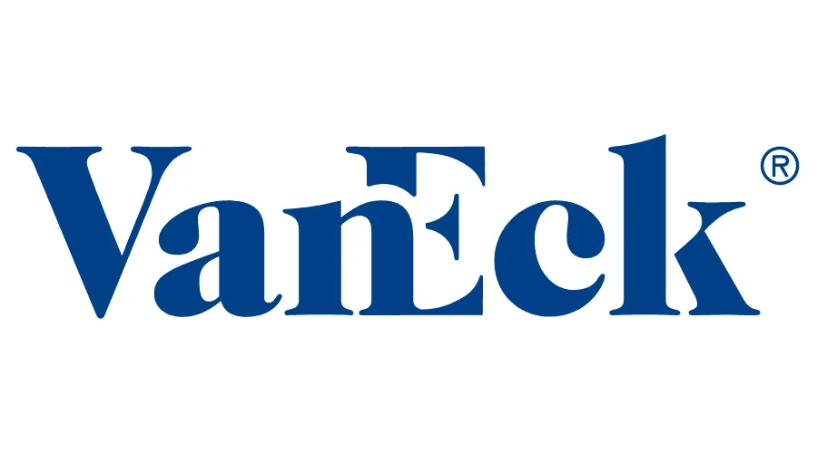 The VanEck company logo in dark blue serif letters on a white background