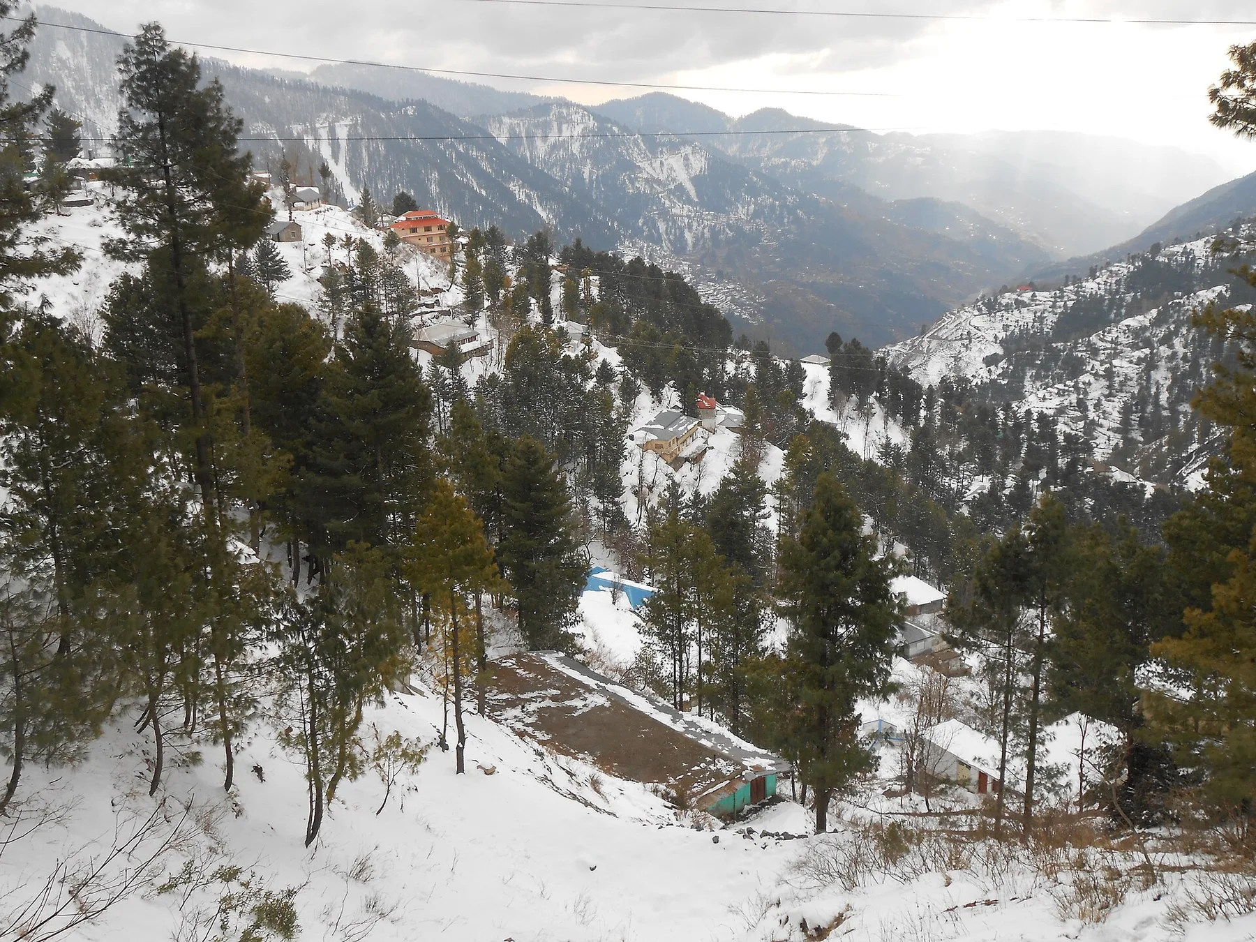 Snow-covered pine slopes and hillside houses in Nathia Gali with mountain ridges behind