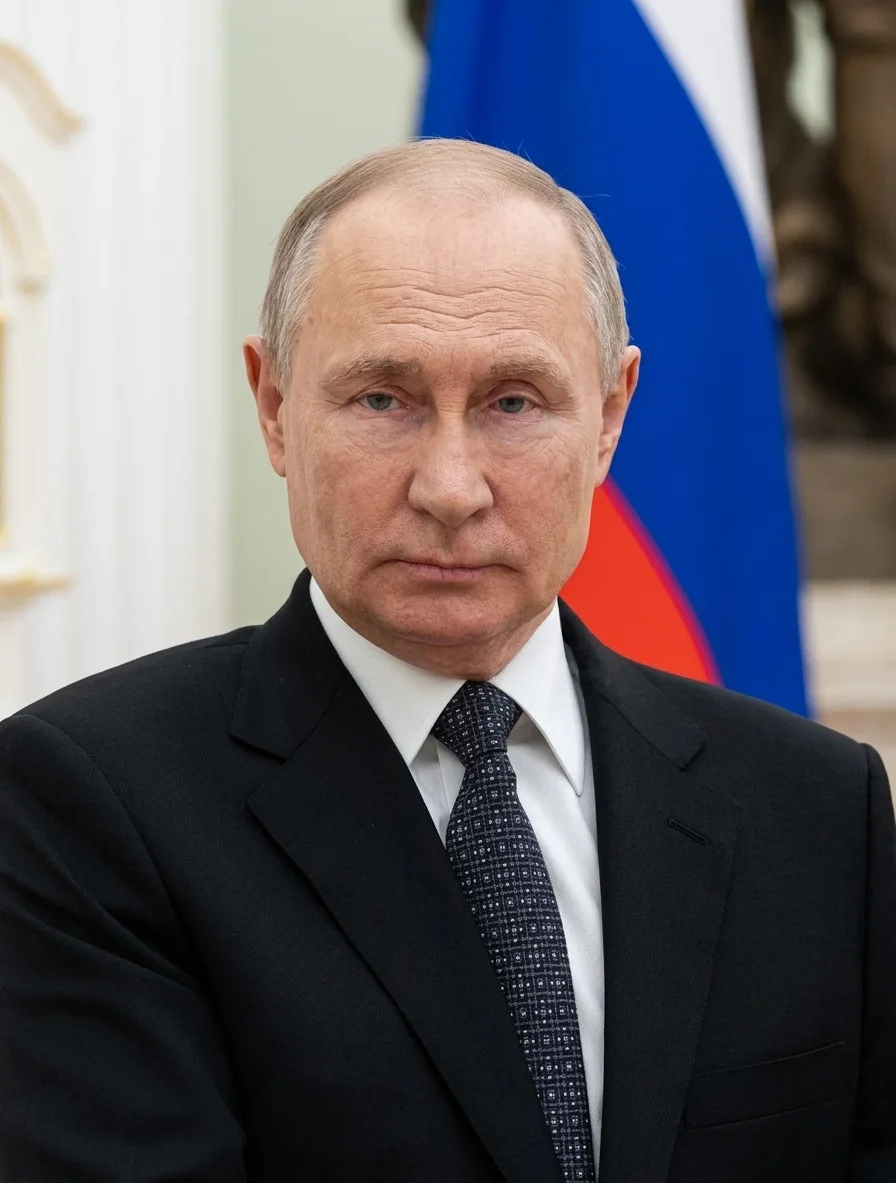 Vladimir Putin in a dark suit and tie standing in front of a Russian flag