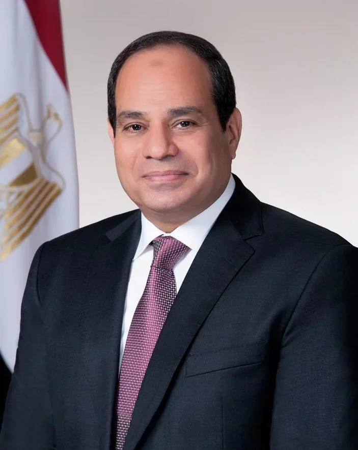 Egyptian President Abdel Fattah al-Sisi in a dark suit standing beside the Egyptian flag