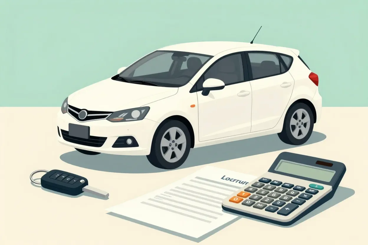 Illustration: a white hatchback car beside a car key, a loan agreement and a calculator